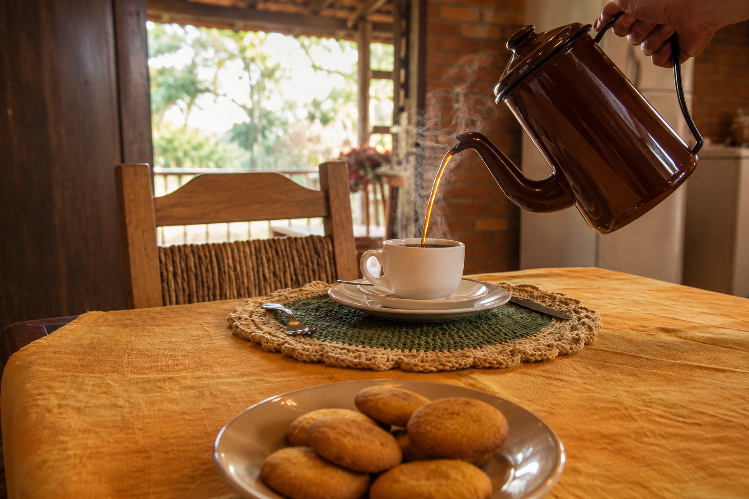 Mesa farta de café da manhã servida com produtos locais no Rancho do Sena
